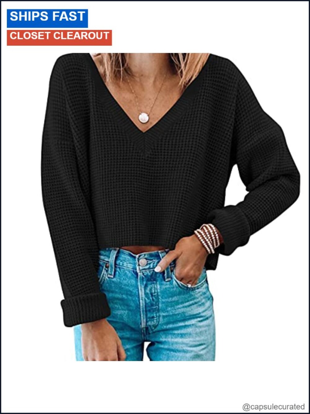 Waffle Knit Crop Sweater V Neck Long Sleeve Pullover Top